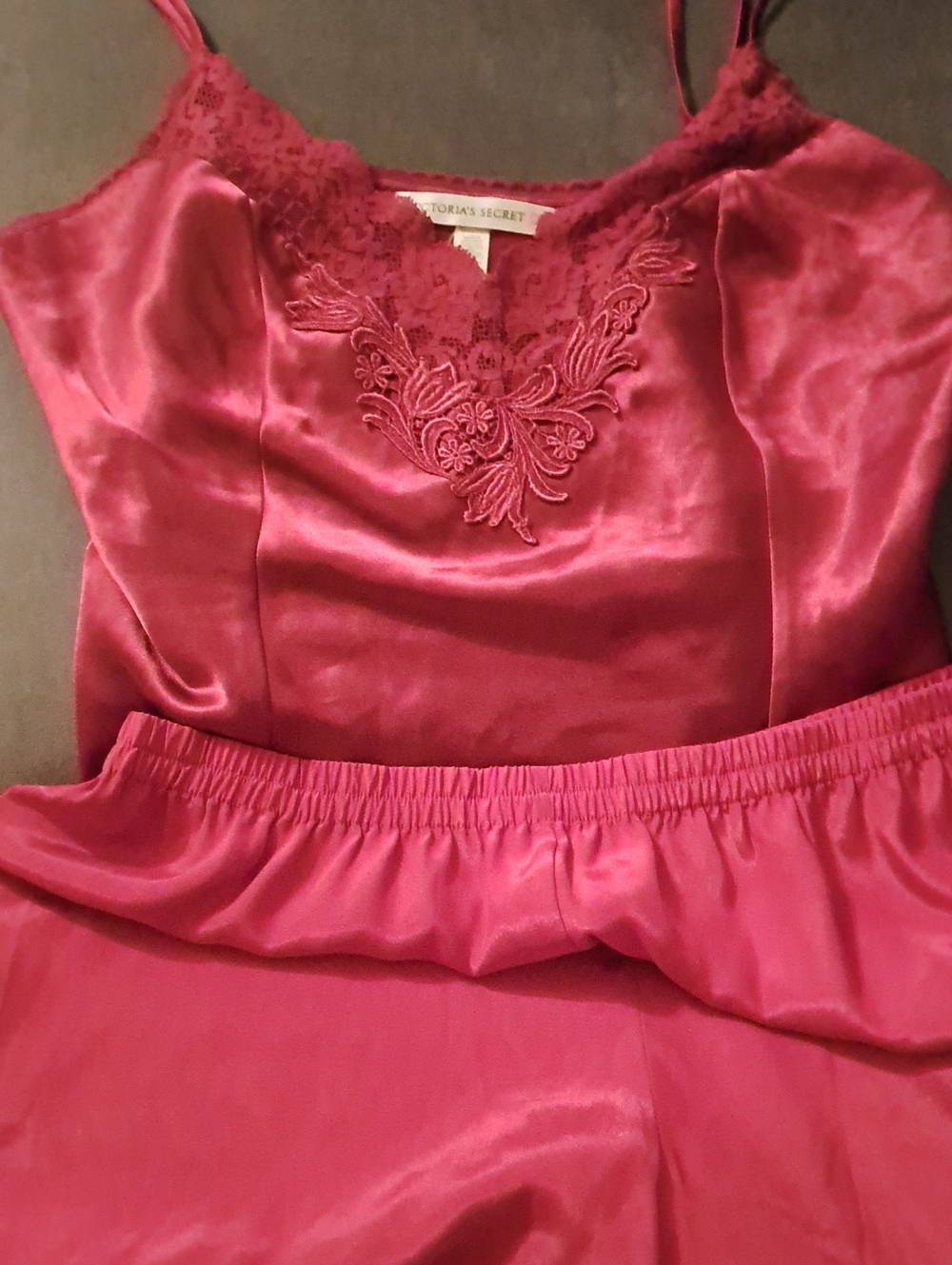 Victoria's Secret Satin Lace-Trim Cami & Shorts Set - Berry Pink